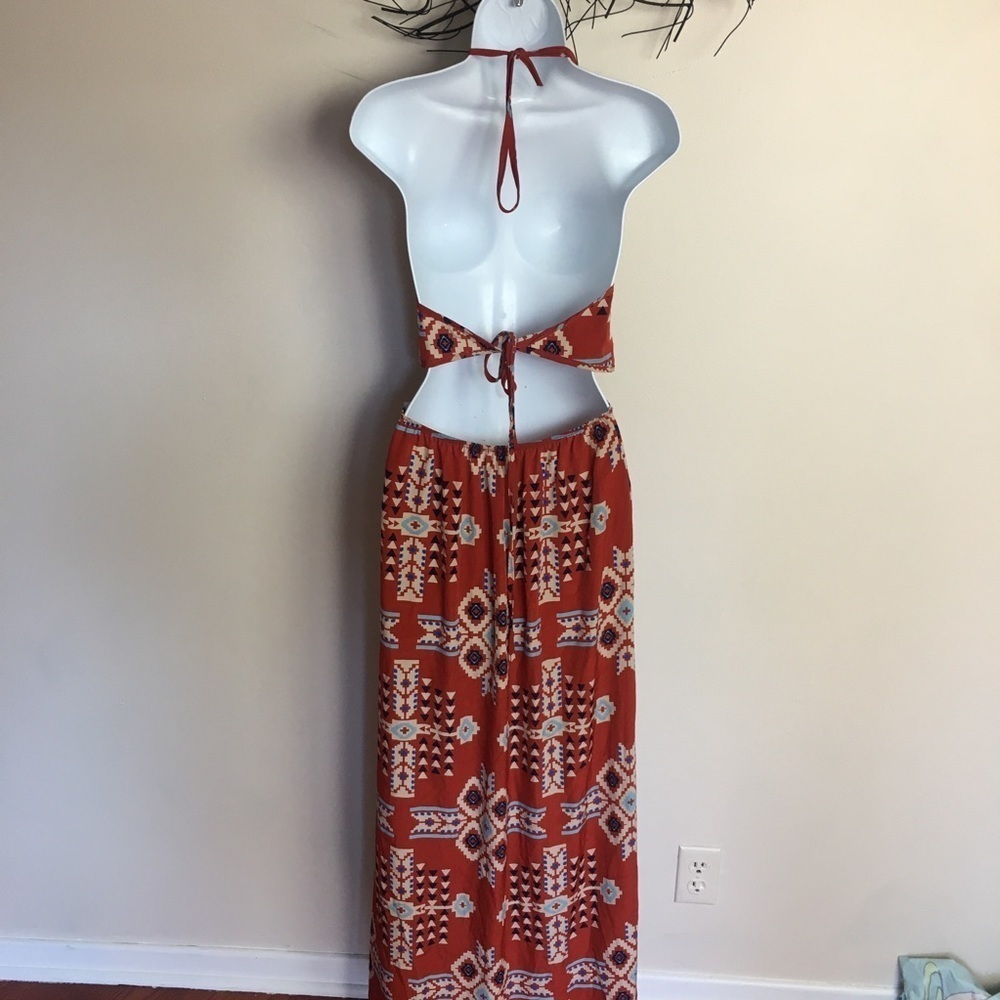PPLA Aztec orange blue southwestern halter dress. Sexy small maxi dress tie back